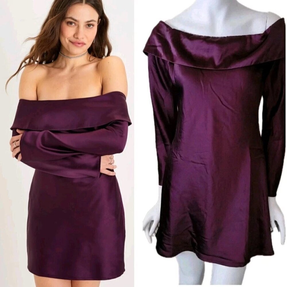 Lulus‎ Luxurious Vision Plum Purple Satin Off-the-Shoulder Mini Dress